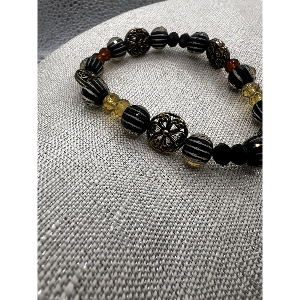 Beaded‎ Brown, Yellow, Burnt Orange Silver Colors Stretch Bracelet Beads